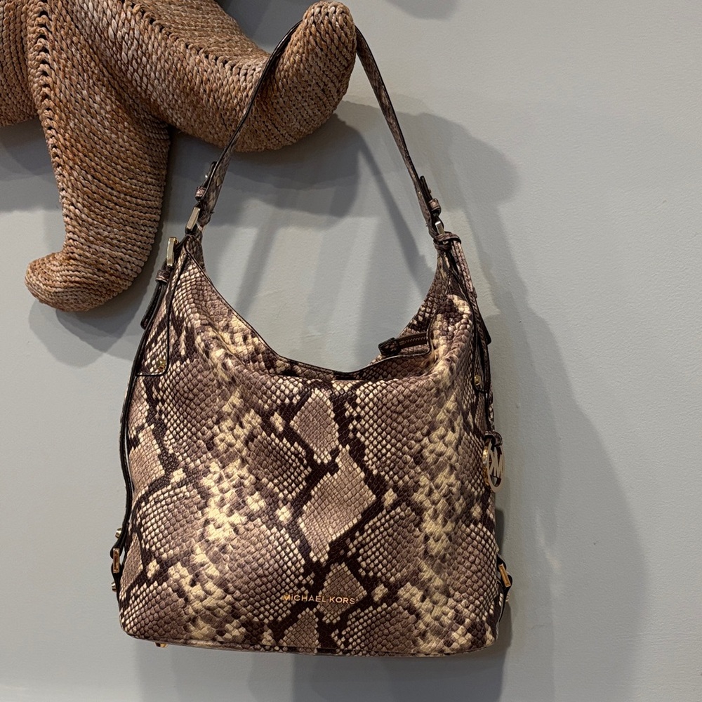 Michael Kors Snake-Print Hobo in Brown & Cream